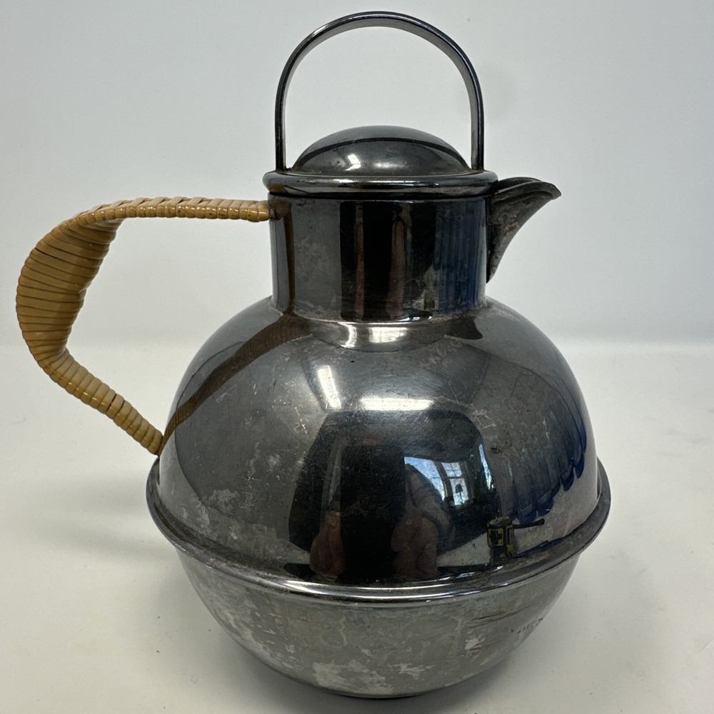 Vintage MCM International Silver Co. CGW&S Tea Pot Hot Water Pot Wicker Handle